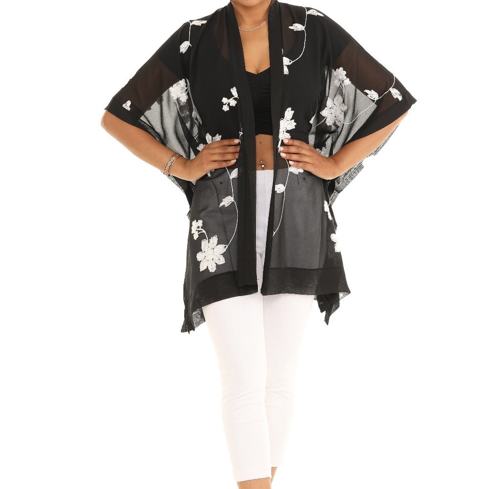 Sheer Floral Embroidered Open Cardigan